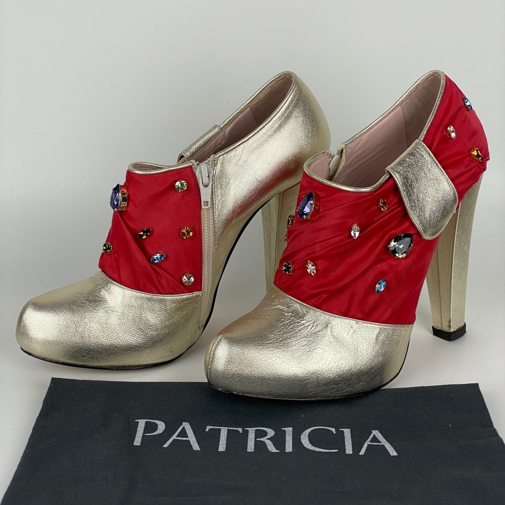 Patricia Rosales Gold Leather Red Satin Swarovski Jewel Embellished Ankle Boots - Picture 10 of 15